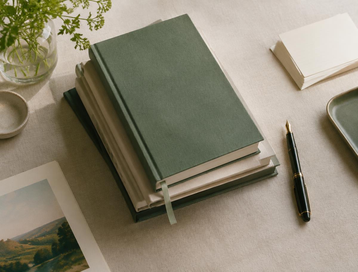 A stack of cloth-bound books beside a fountain pen and index cards on an ivory linen desk